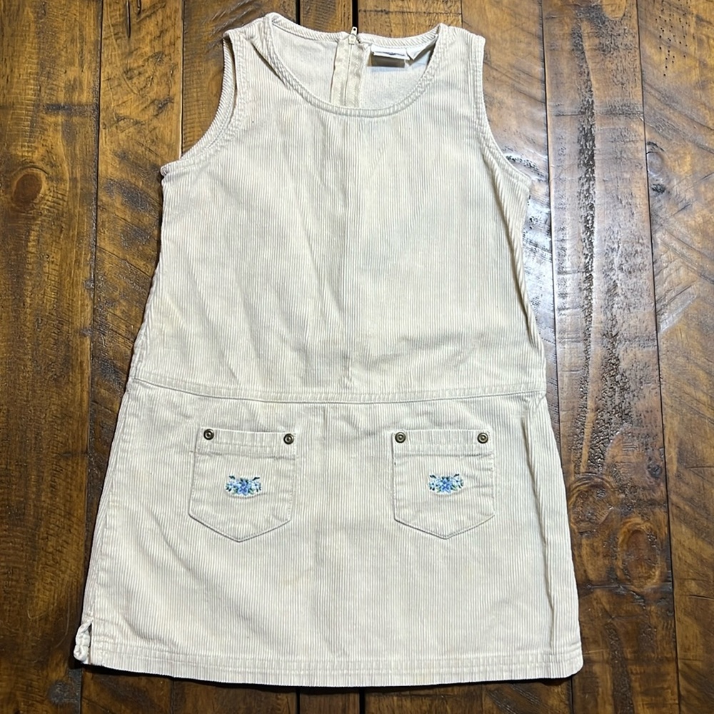 Hartstrings 6x tan corduroy jumper with blue flower embroidery on pockets zipper